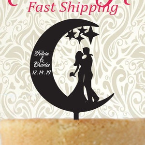 Personalized Moon and Stars Cake topper with Couple Silhouette - First Names and Date - Silhouette Couple - To the Moon and Back