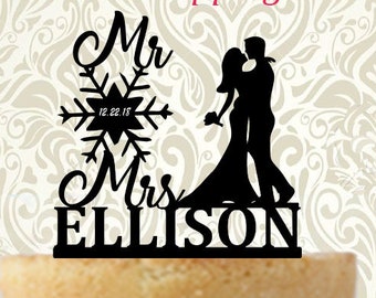 Mr and Mrs Snowflake Personalized with Your Choice of Silhouette Couples Last Name and Date Wedding Cake Topper Made in USA... Fast Shipping