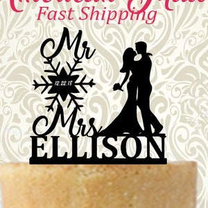 Mr and Mrs Snowflake Personalized with Your Choice of Silhouette Couples Last Name and Date Wedding Cake Topper Made in USA... Fast Shipping