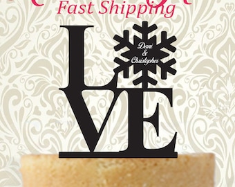 LOVE Cake Topper - Personalized with First Names - L.O.V.E. Snowflake Cake Topper 01 - Winter Wedding - LOVE Block Cake Topper - Snowflake