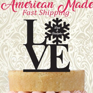LOVE Cake Topper - Personalized with First Names - L.O.V.E. Snowflake Cake Topper 01 - Winter Wedding - LOVE Block Cake Topper - Snowflake