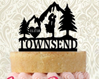 Mountain Range Personalized with Your Choice of Silhouette Couples Last Name and Date Wedding Cake Topper Made in USA... Fast Shipping