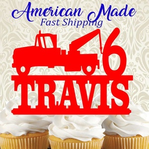 Boys Personalized Tow Truck With Age Birthday Cake Topper