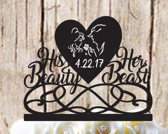 His Beauty Her Beast With Date Engraved Solid Heart Wedding Cake Topper #CTI004 Made in USA