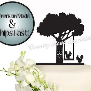 Carved LettersTree Silhouette Woodland Squirrel Couple Wedding Cake Topper MADE In USA…..Ships from USA
