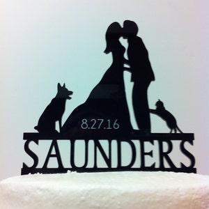 Kissng Couple With Dogs Silhouette With Surname, Last Name, Engraved Date Wedding Cake Topper MADE In USA…..Ships from USA