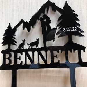 Mountain Range Personalized with Your Choice of Silhouette Couples with pets Last Name and Date Wedding Cake Topper Made in USA