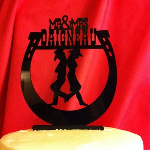Western Horseshoe Silhouette Back to Back Couple Mr & Mrs Surname Personalized Wedding Cake Topper MADE In USA…..Ships from USA