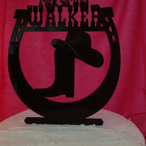 Western Wedding Cake Topper, Horseshoe Cowboy Boot and Hat Cake Topper, Mr & Mrs Last Name Wedding Cake Topper MADE In USA…..Ships from USA