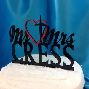 Monogram Personalized Monogram Red Heart and Cross Mr and Mrs Surname Last Name Wedding Cake Topper MADE In USA…..Ships from USA