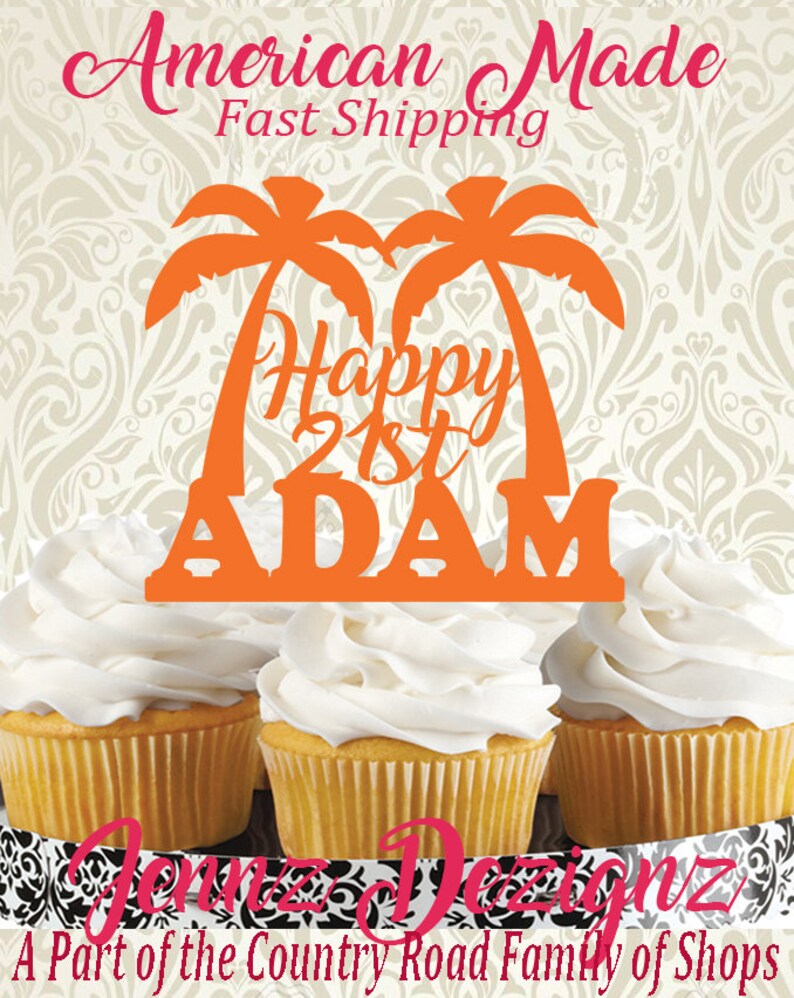 Cupcake Topper Personalized Palm Trees Birthday Cake Topper Beach Birthday Party Luau Birthday Party Island Cake Topper