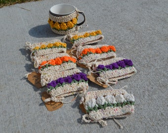 Crocheted Cup Cozies; Coozies, Cozies, Cup Cozies, Crocheted, Crochet, Flowers, Floral