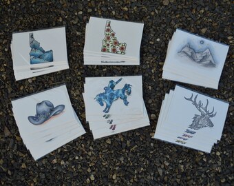 Handmade Postcards; Idaho State, Mountains, Cowboy Hats, Cowboys, Bucking Bronco, Elk
