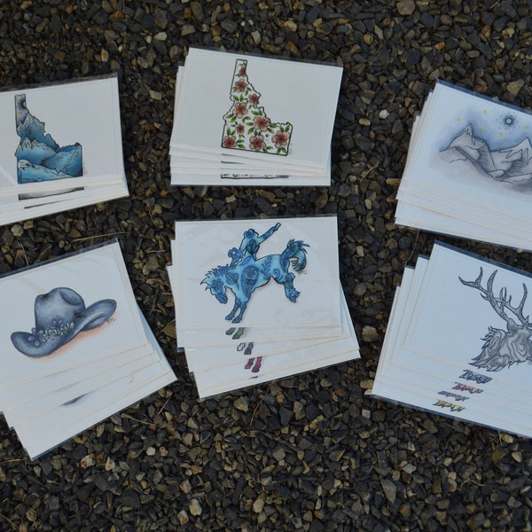 Handmade Postcards; Idaho State, Mountains, Cowboy Hats, Cowboys, Bucking Bronco, Elk