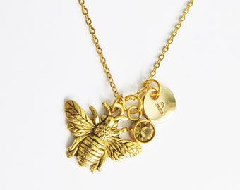 Bee Necklace, Birthstone, Custom, Bumble bee charm, gold bee pendant, insect jewellery, gardeners gift, latest fashion, gold chain, nature