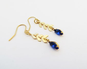 Vintage sapphire earrings, gold drop earrings, chevron earrings, royal blue earrings, blue crystal, herringbone jewellery, pierced ears