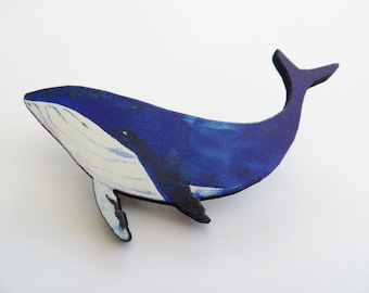 Whale Brooch, Wooden Brooch, Nautical Pin Charm, Laser Cut Ocean Jewelry, Blue Brooch, Sea Creature