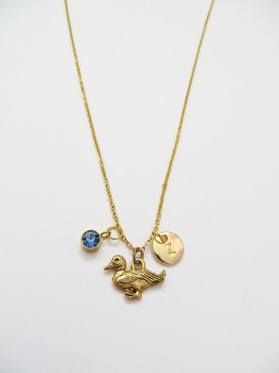 Gold Duck Necklace, Personalized Jewelry, Coloured Gemstone, Duckling Charm, Pond, Mallard Jewelry, Nature, Cute, Dainty, Feathered Friend