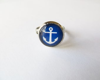 Anchor Ring, blue jewellery, adjustable ring, nautical accessories, glass dome ring