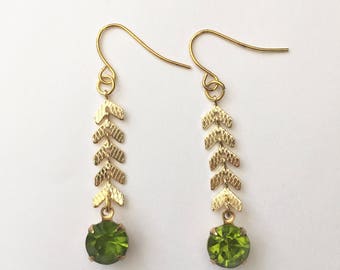 Vintage Peridot earrings, gold drop earrings, chevron earrings, olive green earrings, green crystal, herringbone jewellery, pierced ears