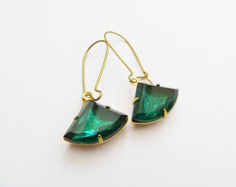 Vintage Emerald Earrings, Green dangle earrings, Emerald Green Gemstone, Glass jewellery, May Birthstone, Art Deco, Christmas Gift