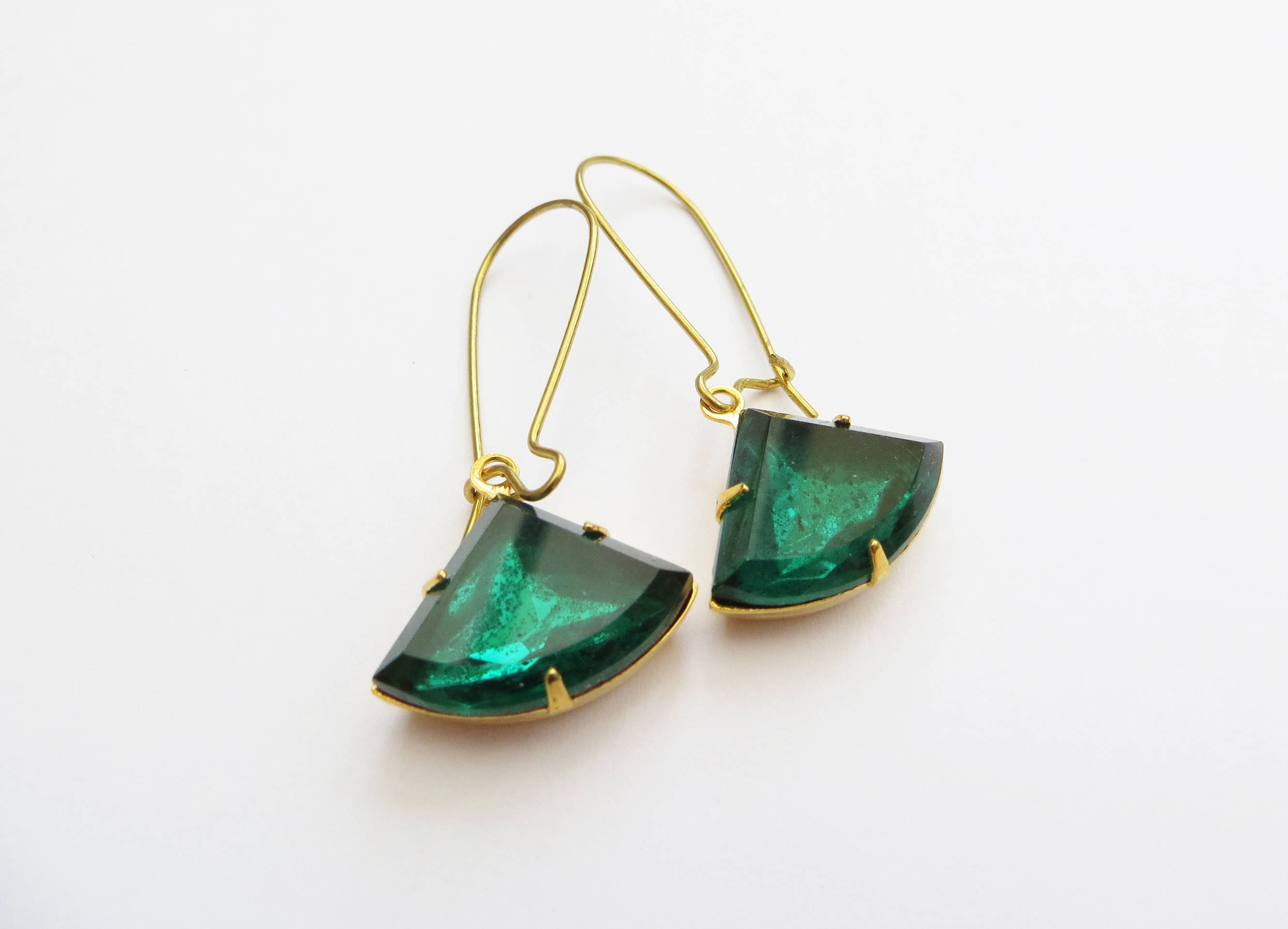 Vintage Emerald Earrings, Green dangle earrings, Emerald Green Gemstone, Glass jewellery, May Birthstone, Art Deco, Christmas Gift
