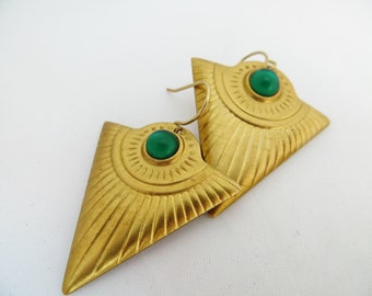 Triangle earrings , Geometric jewelry , Raw Brass , Tribal jewellery , Egyptian earrings , Green Glass Cabochons , Aztec drop earrings