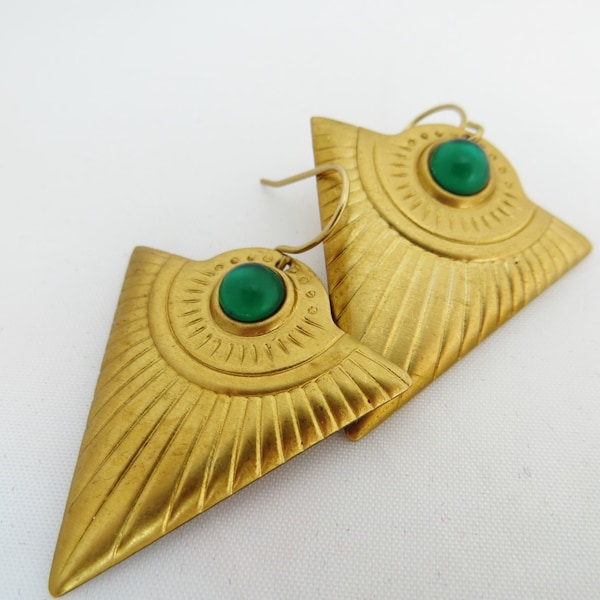 Triangle earrings , Geometric jewelry , Raw Brass , Tribal jewellery , Egyptian earrings , Green Glass Cabochons , Aztec drop earrings