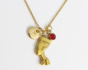 Nefertiti Necklace: Gold Egyptian Queen Charm, Personalized Initial
