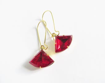 Vintage Ruby Earrings, Red dangle earrings, Ruby Red Gemstone, Glass jewellery, July Birthstone, Art Deco, Christmas Gift