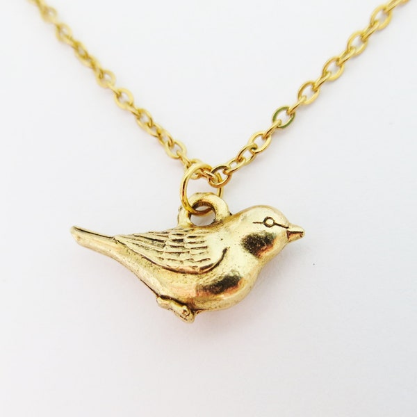Gold Bird Necklace, Little Bird Pendant, Tit Charm, Small Bird, Springtime, Garden Lover, Nature, Robin, Sparrow, Song Bird, Twitcher