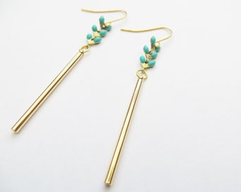 Gold and turquoise earrings, gold drop earrings, chevron earrings, blue green earrings, on point jewelery, herringbone