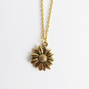 Sunflower Necklace, Daisy Charm, Gold Jewelry, Nature Pendant, Garden, Floral, Petal, Wild, Bloom, Positivity, Strength, Pewter