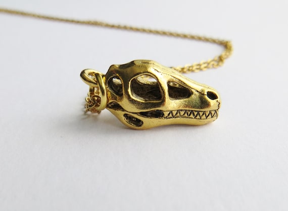 Gold Dinosaur Skull Necklace: T-rex Fossil Jewelry
