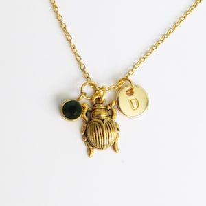 Gold Beetle Necklace, Custom Birthstone, Personalised Gift, Scarab Pendant, Bug, Insects, Nature, Garden, Creepy Crawlies, Dung Beetle,