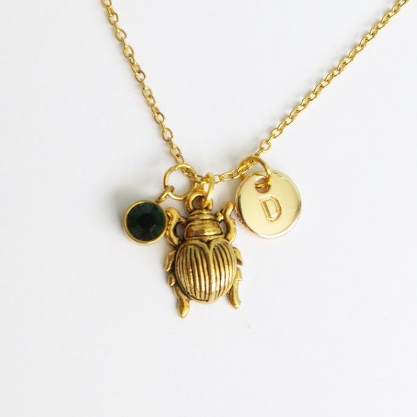 Gold Beetle Necklace, Custom Birthstone, Personalised Gift, Scarab Pendant, Bug, Insects, Nature, Garden, Creepy Crawlies, Dung Beetle,