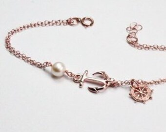 Nautical anchor Bracelet,rose gold anchor jewelry.Ship Wheel Bracelet, Pearl Anchor .Boat Wheel Bracelet,Sailor wife  Bracelet.her bracelet