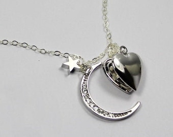Collar con medallón de luna, medallón de corazón, joyería celestial, medallón de corazón para foto, medallón de foto, collar "Te amo hasta la luna y de regreso", luna creciente
