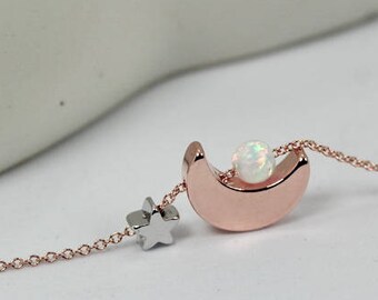 Sun Moon Star necklace. Opal sun necklace. rose gold moon jewelry.white opal ball jewelry. You Are My Sun, My Moon and All of My Stars,Pink