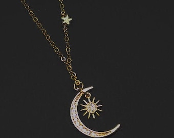 Celestial Necklace.Lunar Moon Jewelry. Diamond Sun Moon Star charm.Birthday Gift, Graduation Gift,Delicate Moon,Sunshine. Minimalist star