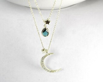 Crescent Moon Necklace, Silver Moon star jewelry,Moon necklace, birthstone star necklace.CZ Moon Charm,Two Layered Jewelry,everyday necklace