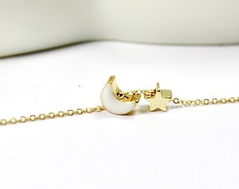 White Moon star necklace. Enamel moon star bracelet. mini moon star bead. Dainty Moon Star jewelry. bracelet for teenage girls .daycare