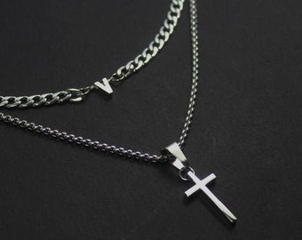 Personalized Cross necklace. Men initial jewelry. 2 strand Men jewelry. boyfriend initial gift. ,Religious gifts Faith jewelry. Layering