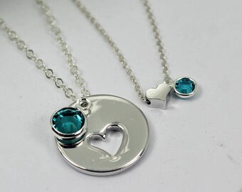 Heart Birthstone Necklace, Mother Daughter, Aunt Niece Heart Necklace Set,  Aunt And Niece,  mom Child Birthstone Jewelry, Matching necklace