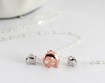 Collar de mamá gemela de dos niños, joyería de elefante, esperando madre gemela, nueva mamá gemela, futura mamá, mamá de niños gemelos, elefante de oro rosa de niñas gemelas