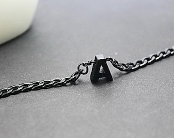 Black Initial necklace. Black Letter bracelet. Black jewelry for Men. Custom jewelry for him. Husband Initial present, boyfriend ID gift.