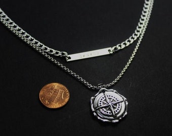 Layered Men Compass necklace. Custom compass jewelry,Men's Engraved date Bar, Anniversary gift bar necklace,Name necklace,Engagement gift