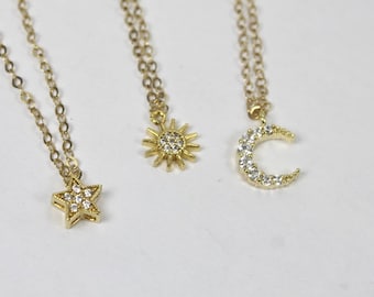 CZ Moon Star Sun best friends necklaces, Moon necklace, Star  necklace, Sun necklace, gift for BFF, gift for