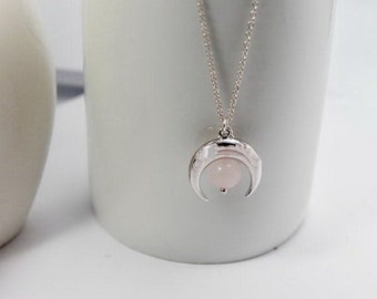 Crescent Moon necklace.Rose Quartz Jewelry. Upside Down Moon Necklace, Double Horn Necklace, Half Moon Necklace,Empath protection for women
