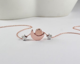 Mother of Twins Jewelry, Mother of Twins Necklace,Twin Children Mommy, Rose gold Moon Stars Jewelry Initial stars necklace.gift for new mom